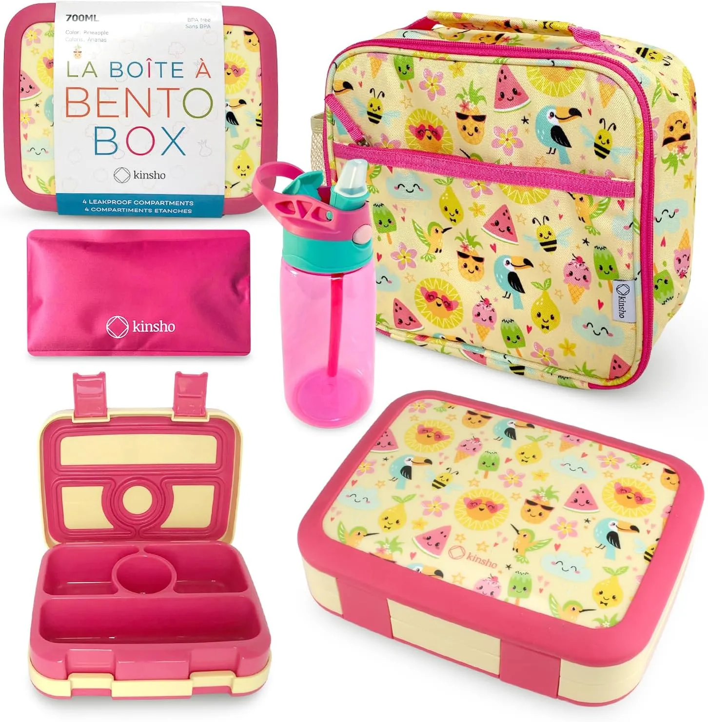 Bento Lunch Box with Insulated Bag, Water Bottle Ice Pack Set for Kids Toddlers, 5 Portion Sections, BPA Free Removable Tray, Pre-School Kid Toddler Daycare Lunches, Snack Container, Summer Set
