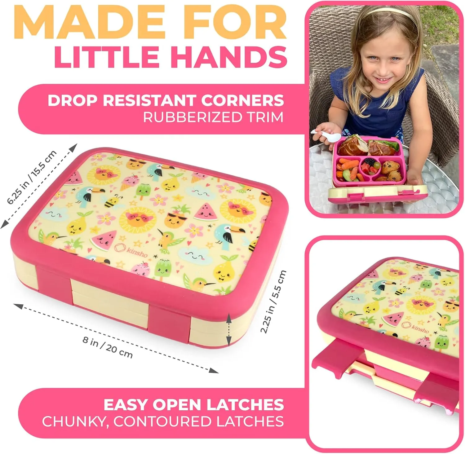 Bento Lunch Box with Insulated Bag, Water Bottle Ice Pack Set for Kids Toddlers, 5 Portion Sections, BPA Free Removable Tray, Pre-School Kid Toddler Daycare Lunches, Snack Container, Summer Set