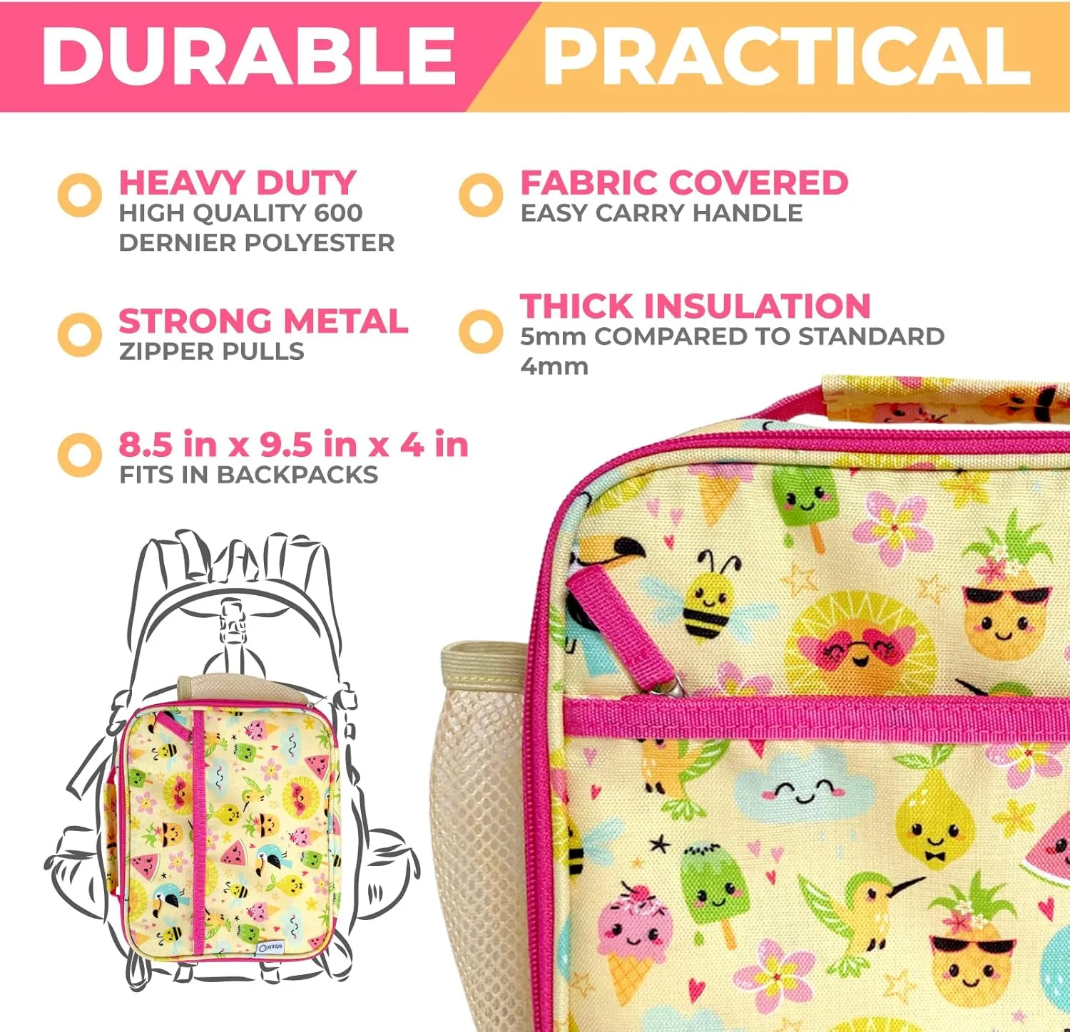 Bento Lunch Box with Insulated Bag, Water Bottle Ice Pack Set for Kids Toddlers, 5 Portion Sections, BPA Free Removable Tray, Pre-School Kid Toddler Daycare Lunches, Snack Container, Summer Set