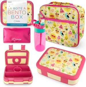 Bento Lunch Box with Insulated Bag, Water Bottle Ice Pack Set for Kids Toddlers, 5 Portion Sections, BPA Free Removable Tray, Pre-School Kid Toddler Daycare Lunches, Snack Container, Summer Set