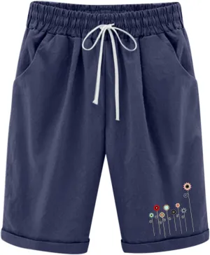 Bermuda Shorts for Women Knee Length Cotton Linen Elastic Waist Drawstring Shorts Summer Capris Pants with Pockets