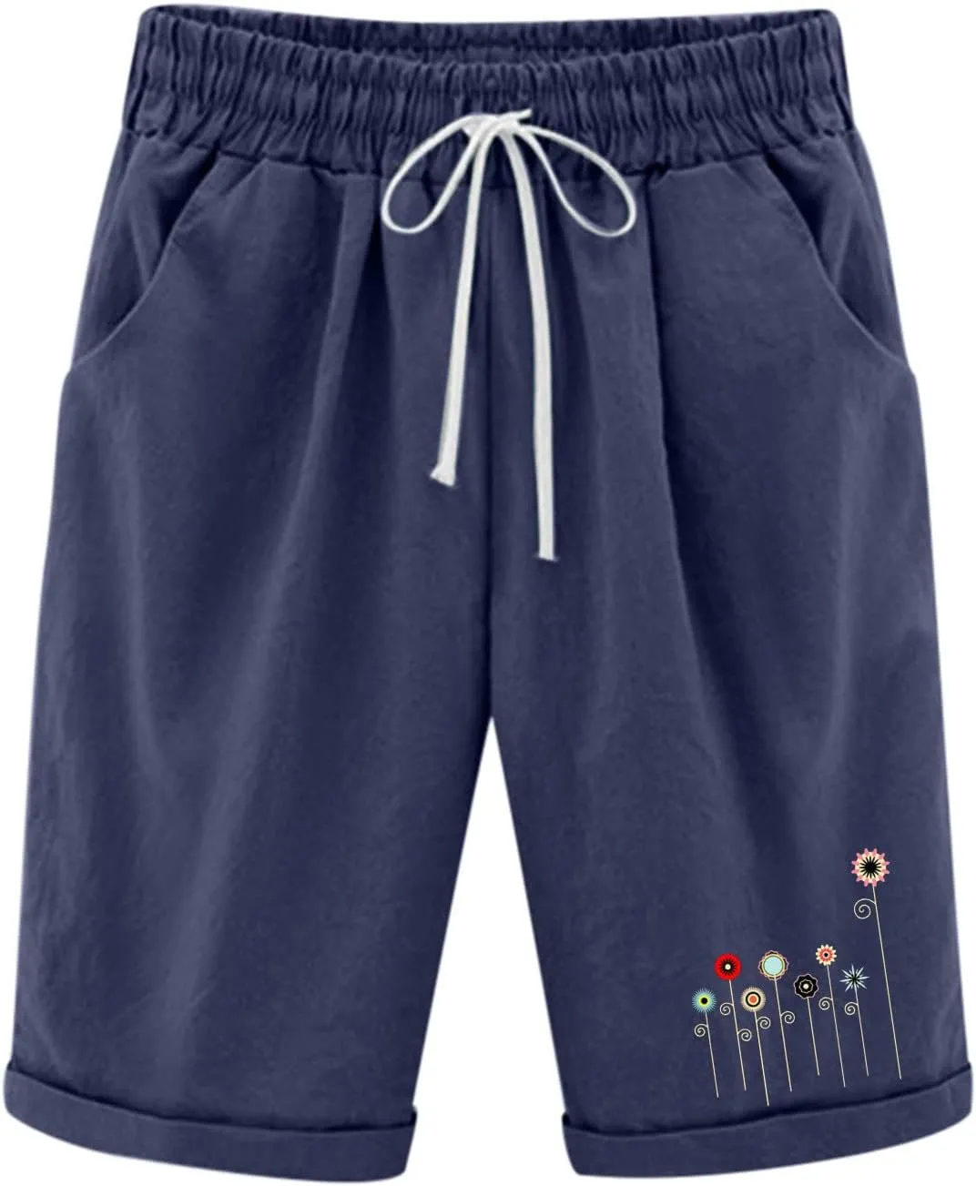 Bermuda Shorts for Women Knee Length Cotton Linen Elastic Waist Drawstring Shorts Summer Capris Pants with Pockets