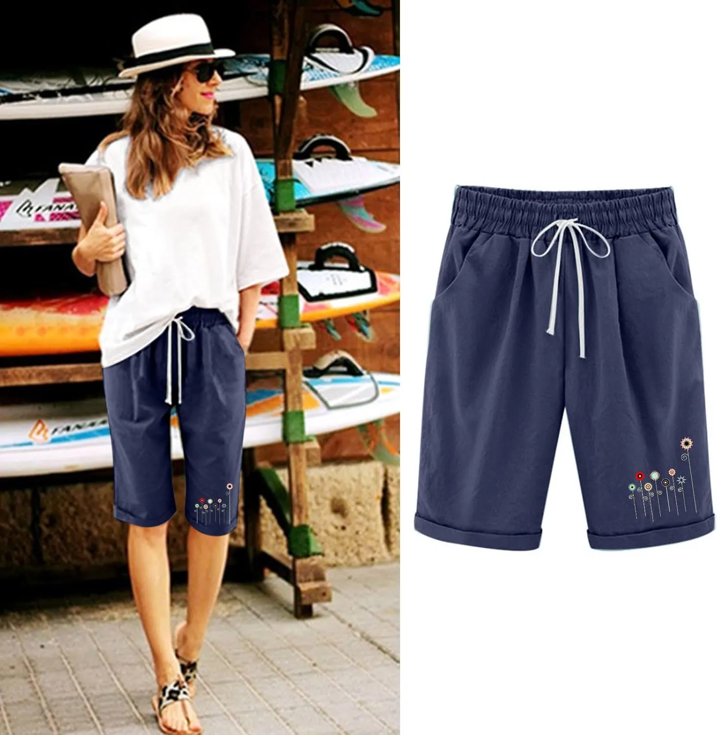 Bermuda Shorts for Women Knee Length Cotton Linen Elastic Waist Drawstring Shorts Summer Capris Pants with Pockets