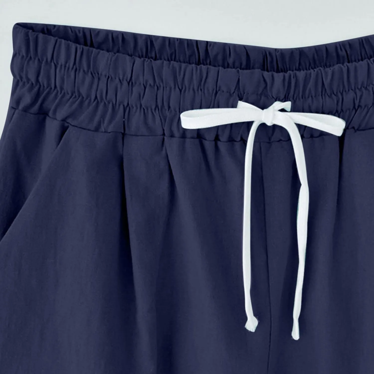 Bermuda Shorts for Women Knee Length Cotton Linen Elastic Waist Drawstring Shorts Summer Capris Pants with Pockets