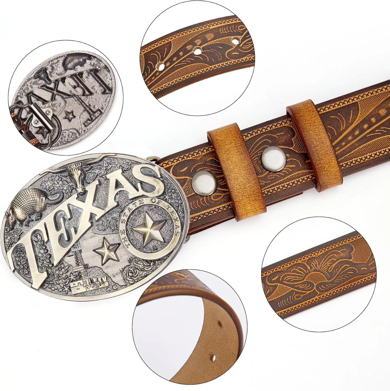 BISON DENIM Mens Western Cowboy Belt - Longhorn Cow Pattern Buckle with Printed Engraved Buckle Strap Adjustable
