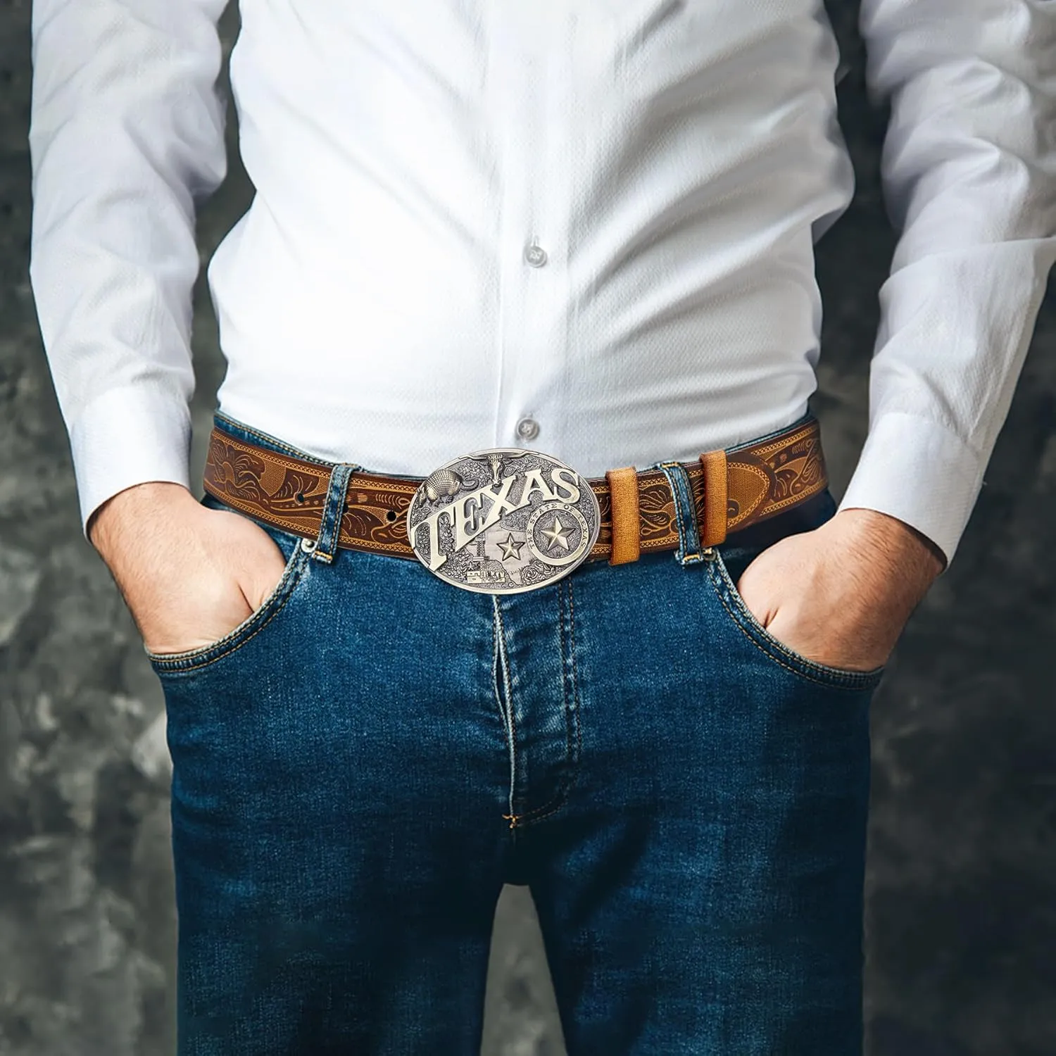 BISON DENIM Mens Western Cowboy Belt - Longhorn Cow Pattern Buckle with Printed Engraved Buckle Strap Adjustable
