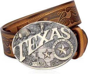 BISON DENIM Mens Western Cowboy Belt - Longhorn Cow Pattern Buckle with Printed Engraved Buckle Strap Adjustable