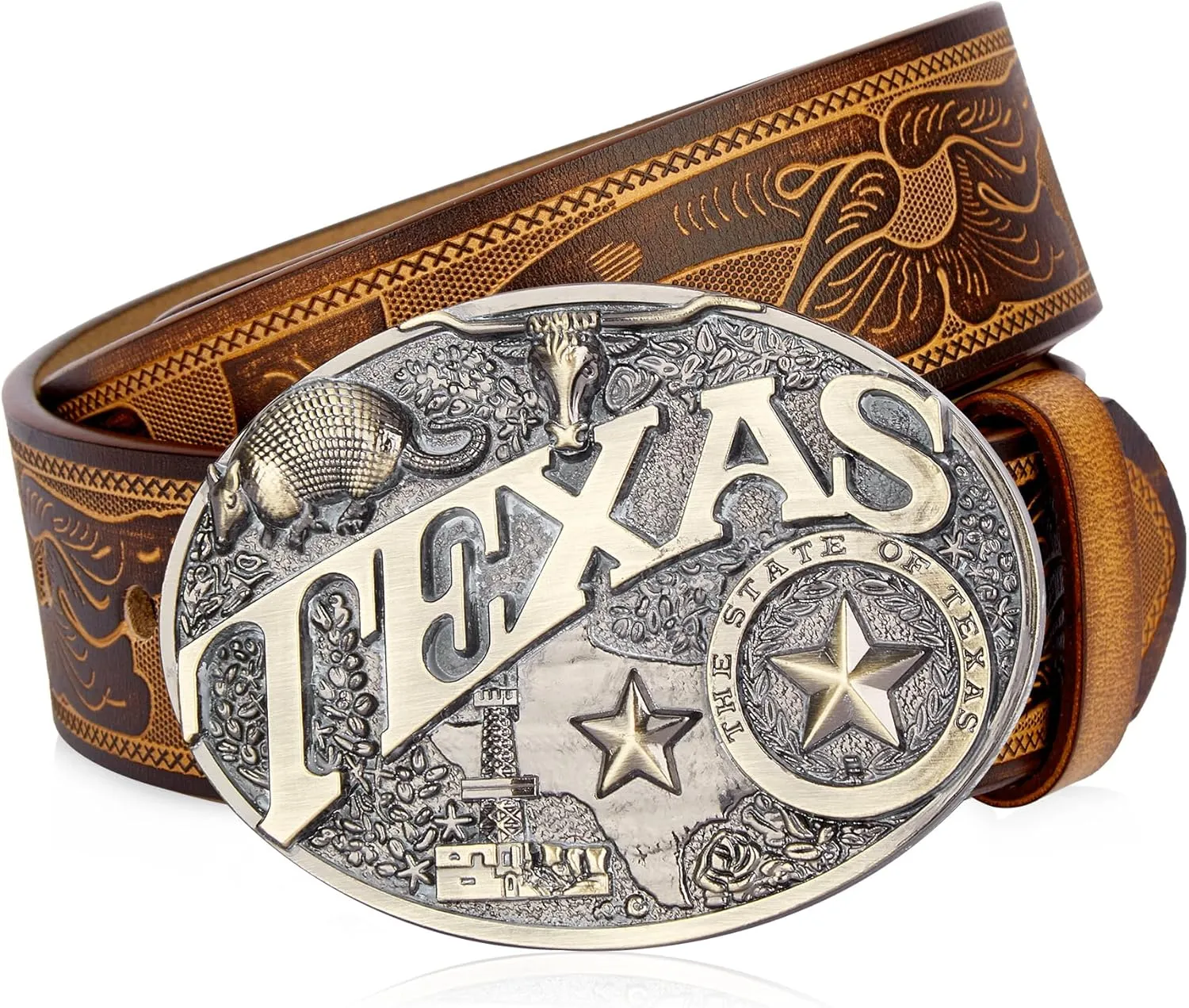 BISON DENIM Mens Western Cowboy Belt - Longhorn Cow Pattern Buckle with Printed Engraved Buckle Strap Adjustable
