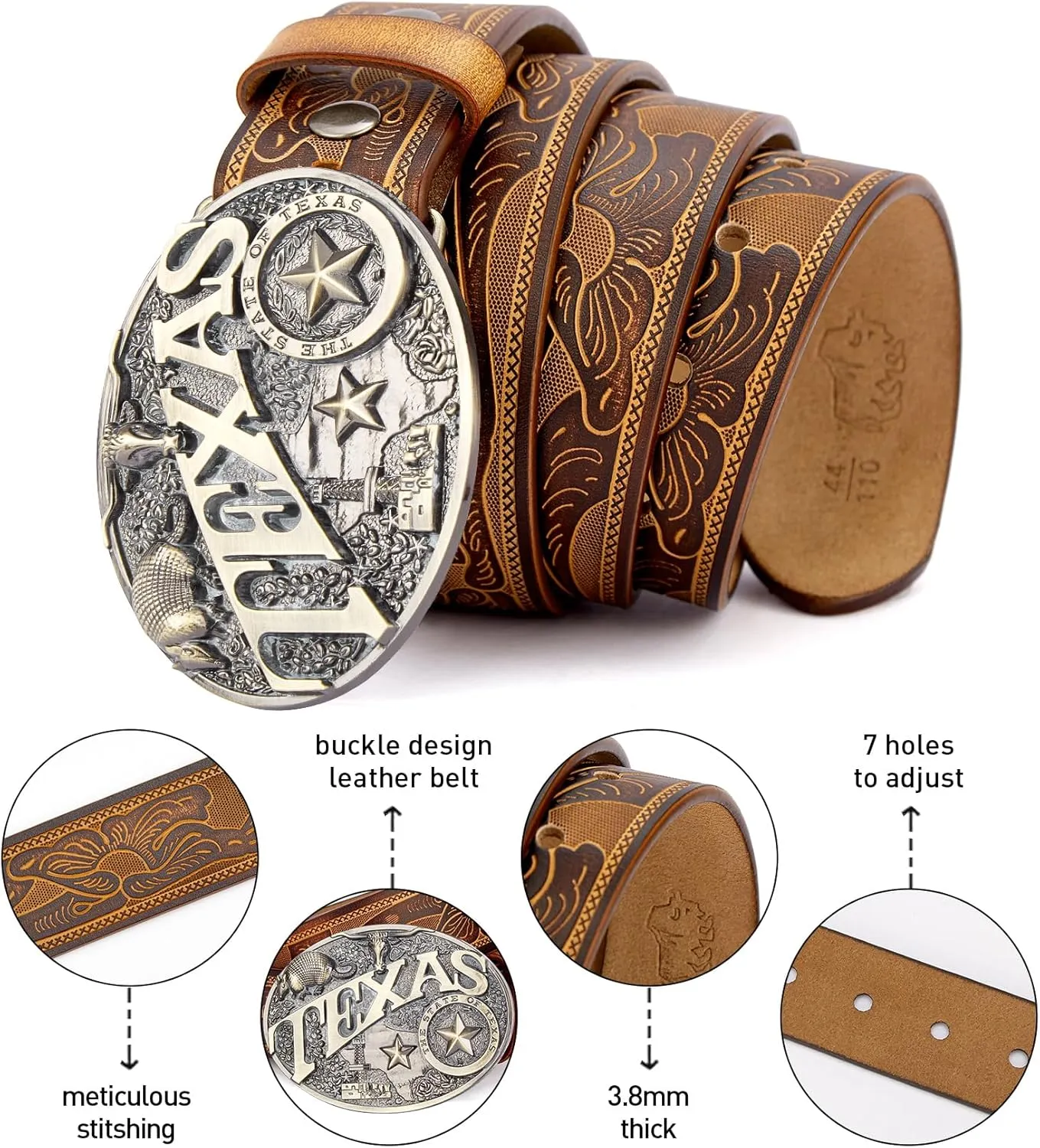 BISON DENIM Mens Western Cowboy Belt - Longhorn Cow Pattern Buckle with Printed Engraved Buckle Strap Adjustable
