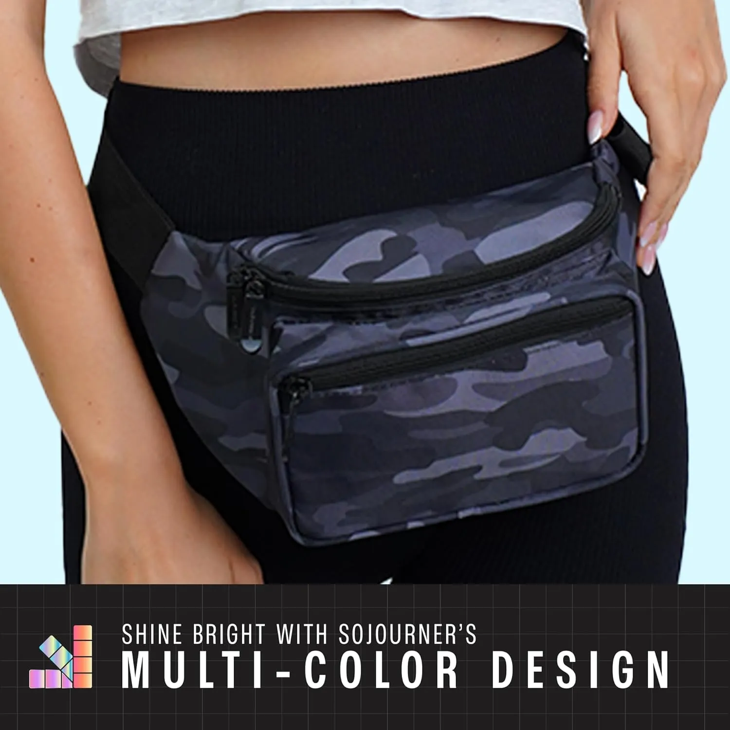 Black Camo Fanny Pack Belt bag - Crossbody Waist Bag for Men or Women - Hands-Free, Waterproof Large Bumbag for Hiking, Running, and Travel