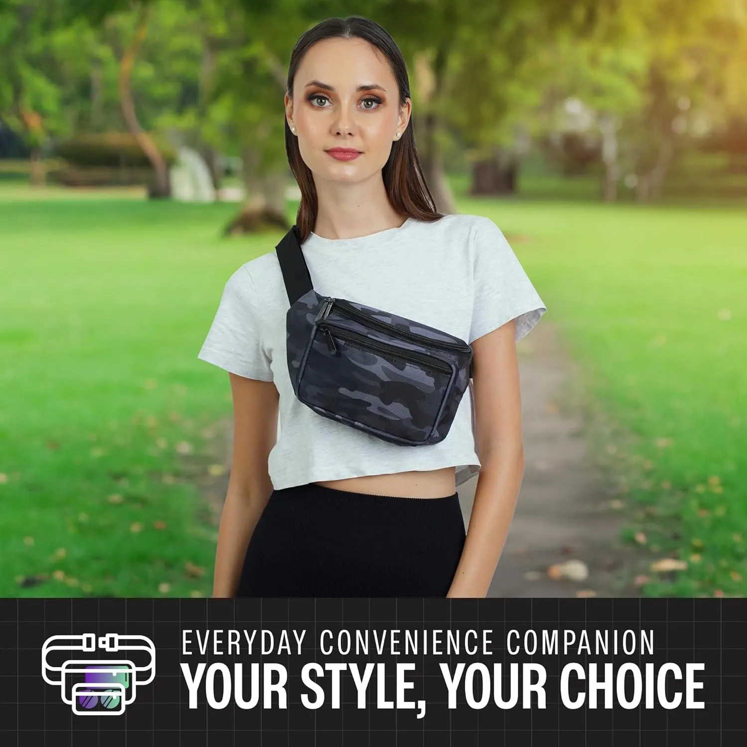 Black Camo Fanny Pack Belt bag - Crossbody Waist Bag for Men or Women - Hands-Free, Waterproof Large Bumbag for Hiking, Running, and Travel