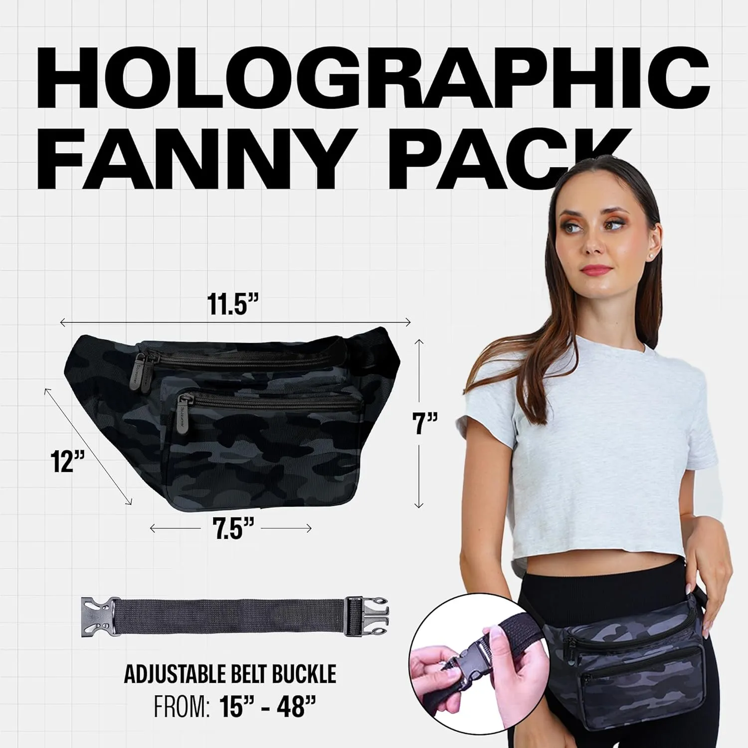 Black Camo Fanny Pack Belt bag - Crossbody Waist Bag for Men or Women - Hands-Free, Waterproof Large Bumbag for Hiking, Running, and Travel