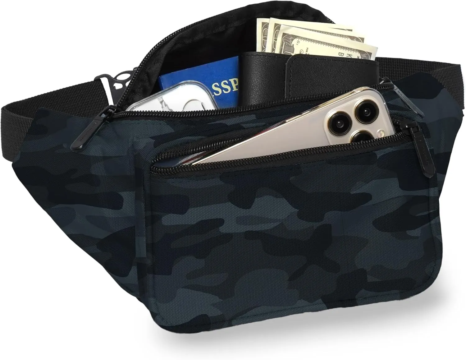 Black Camo Fanny Pack Belt bag - Crossbody Waist Bag for Men or Women - Hands-Free, Waterproof Large Bumbag for Hiking, Running, and Travel