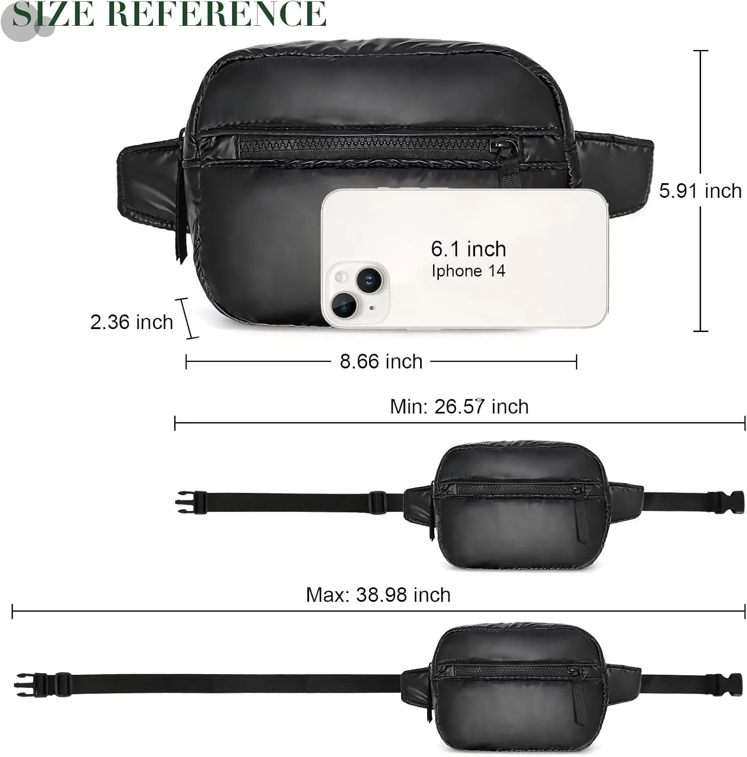 Black Quilted Belt Bag for Women, Small Black Crossbody Fanny Pack, Everywhere Mini Belt Bags Waist Pack