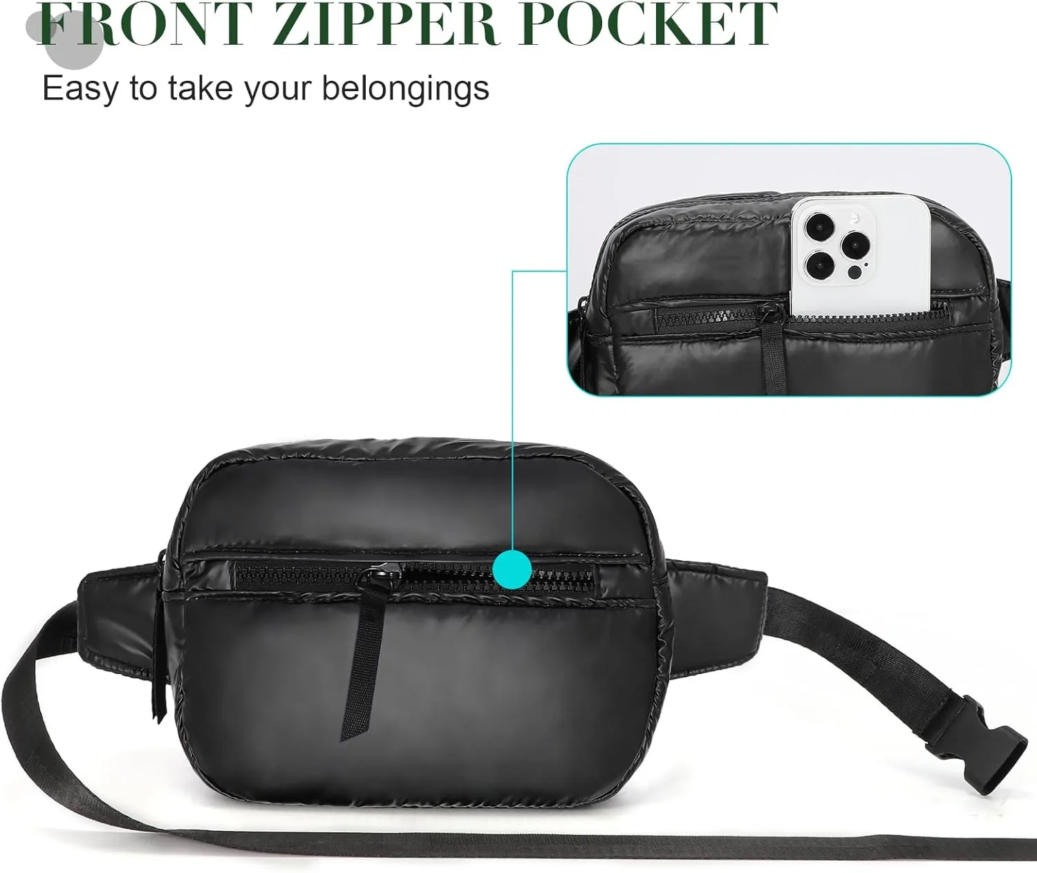 Black Quilted Belt Bag for Women, Small Black Crossbody Fanny Pack, Everywhere Mini Belt Bags Waist Pack