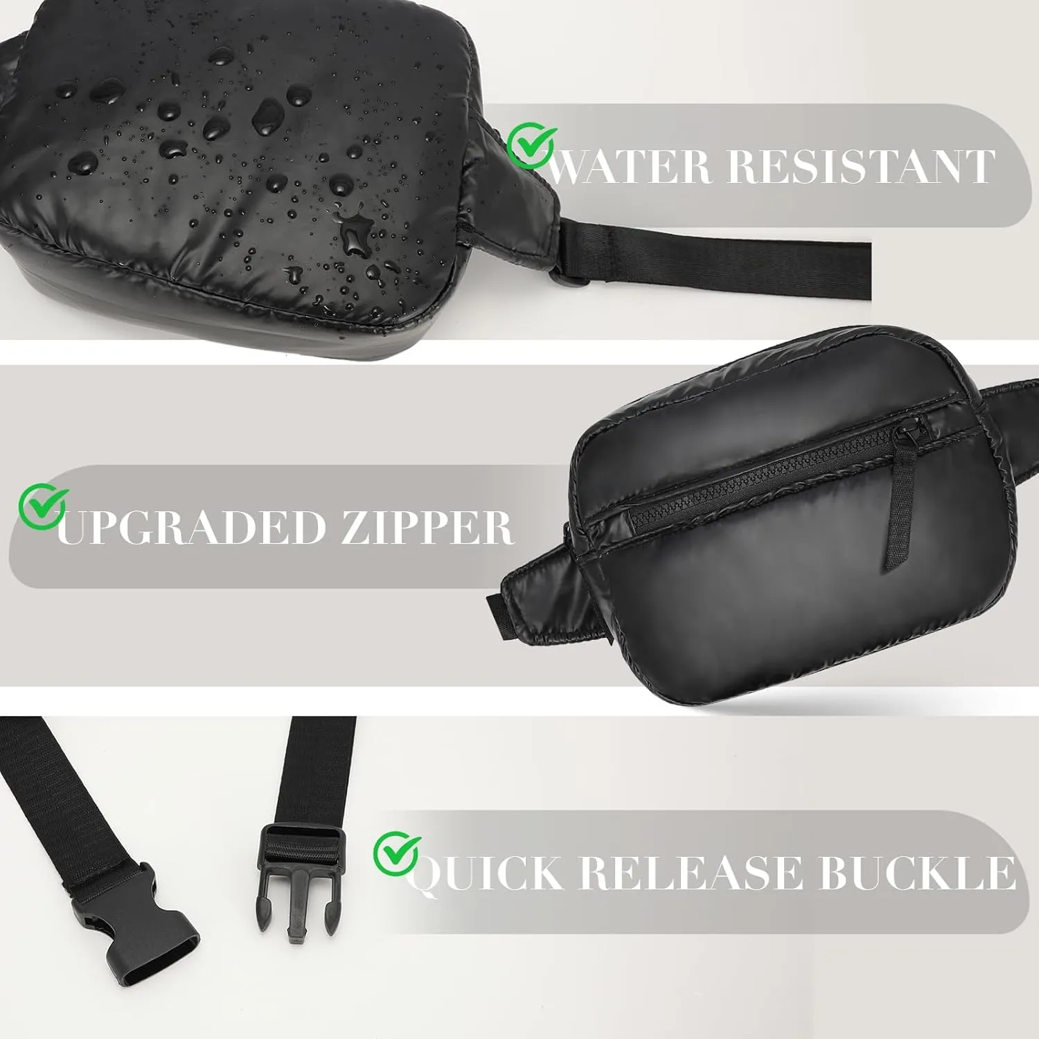 Black Quilted Belt Bag for Women, Small Black Crossbody Fanny Pack, Everywhere Mini Belt Bags Waist Pack