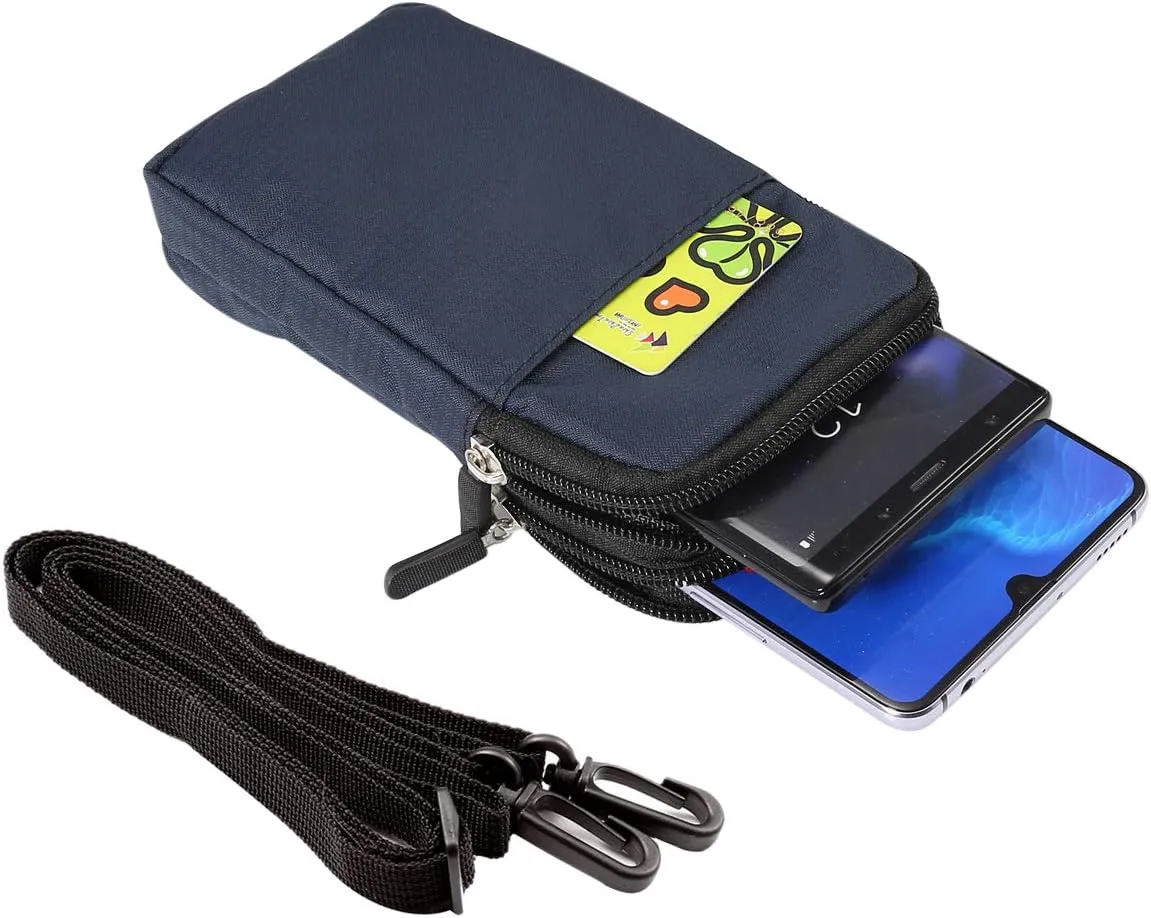 Black Shoulder Phone Bag, Cell Phone Belt Clip Pouch, 6.0" Ladies Men Travel Shoulder Messenger Crossbody Bag with Strap Zipper Waist Pocket Purse Wallet Belt Clip Holder with Carabiner Hook Handbag