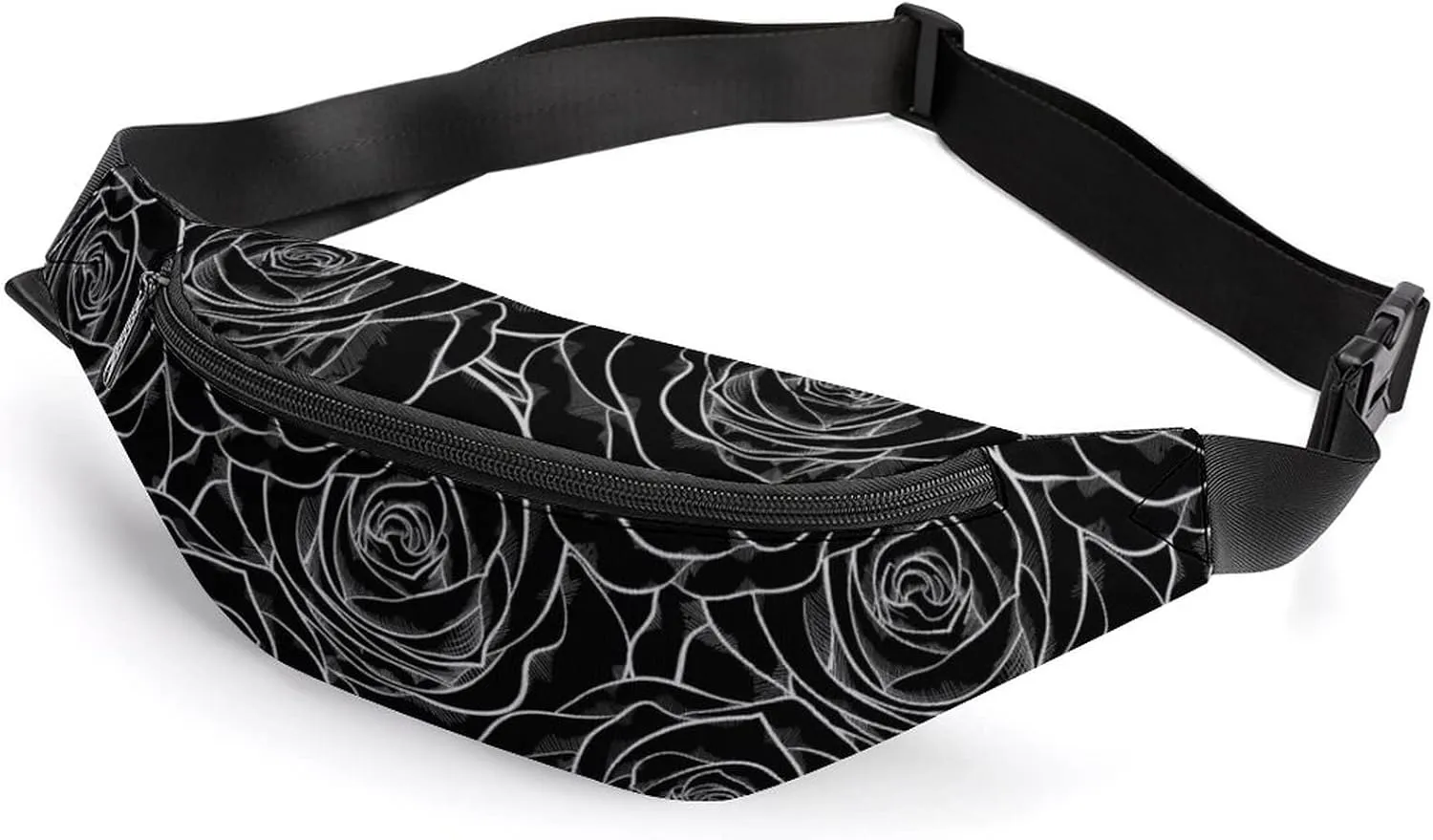 Black White Rose Fanny Pack for Women Men Small Running Belt Waist Pouch Bag with Zipper Adjustable Strap Casual Waist Pack Hands-Free Phone Holder with Headphone for Travel Jogging Hiking Walking Cyc