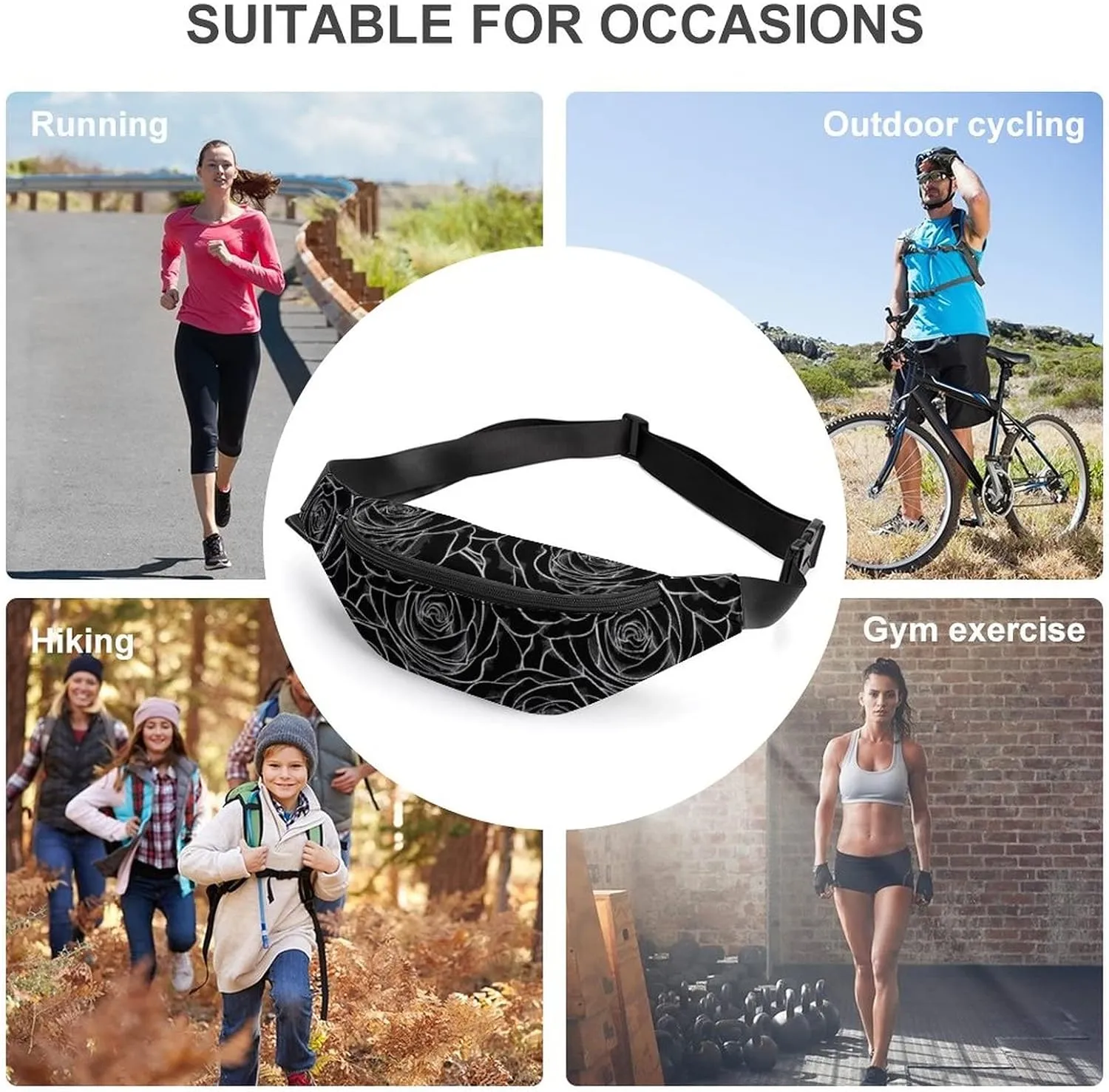 Black White Rose Fanny Pack for Women Men Small Running Belt Waist Pouch Bag with Zipper Adjustable Strap Casual Waist Pack Hands-Free Phone Holder with Headphone for Travel Jogging Hiking Walking Cyc
