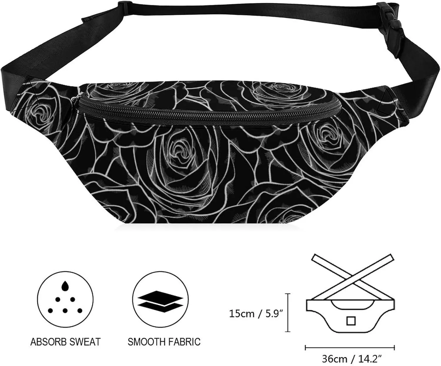Black White Rose Fanny Pack for Women Men Small Running Belt Waist Pouch Bag with Zipper Adjustable Strap Casual Waist Pack Hands-Free Phone Holder with Headphone for Travel Jogging Hiking Walking Cyc