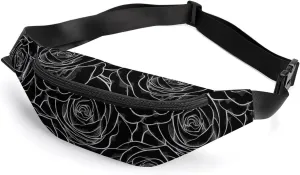 Black White Rose Fanny Pack for Women Men Small Running Belt Waist Pouch Bag with Zipper Adjustable Strap Casual Waist Pack Hands-Free Phone Holder with Headphone for Travel Jogging Hiking Walking Cyc