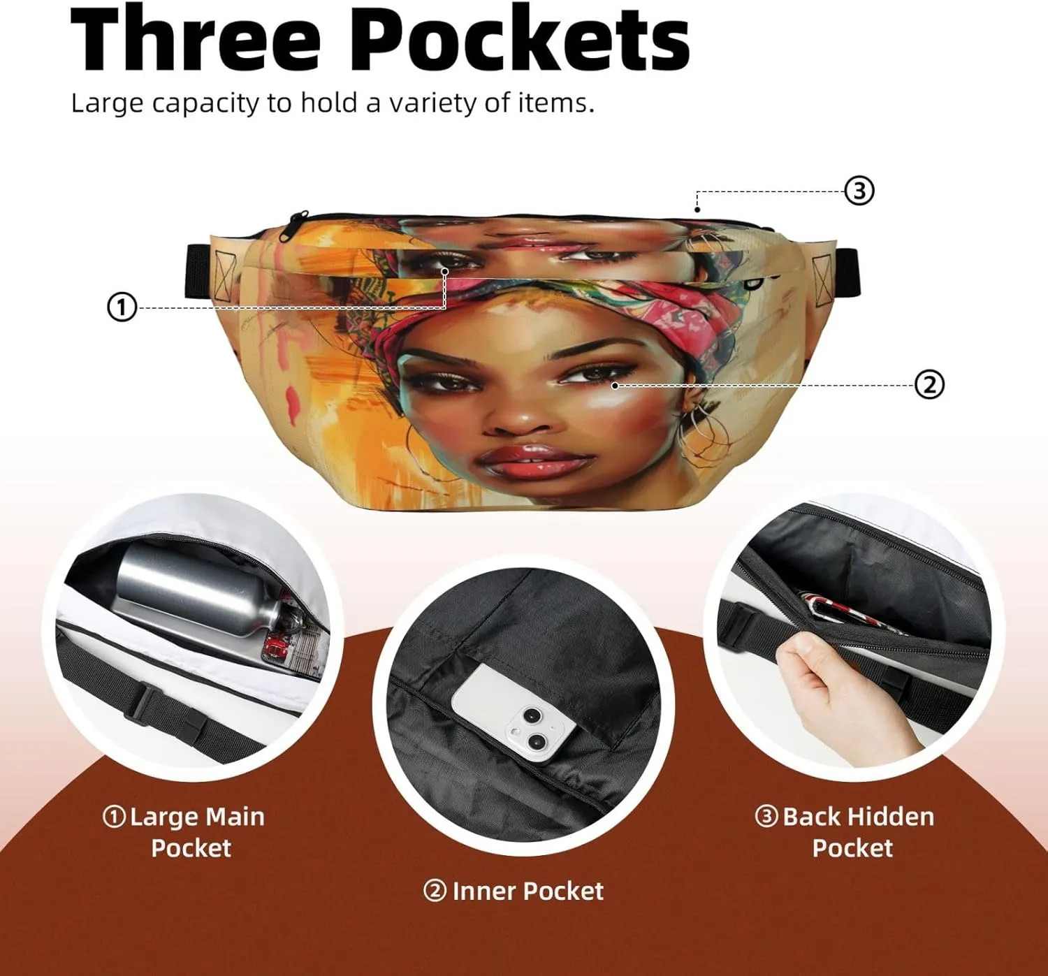 Black Woman With An African Head Wrap Fanny Pack For Women Man,Colorful Oil Paint Splashes Waist Belt Bag Crossbody For Sports Travel Hiking Running Jogging
