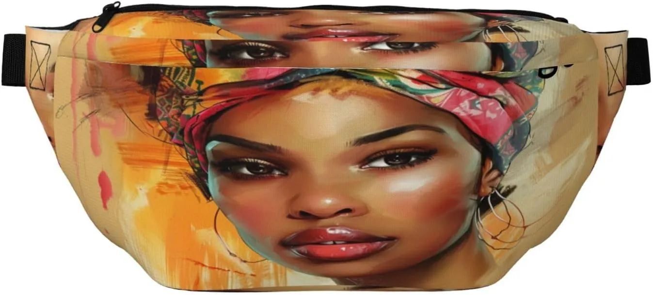 Black Woman With An African Head Wrap Fanny Pack For Women Man,Colorful Oil Paint Splashes Waist Belt Bag Crossbody For Sports Travel Hiking Running Jogging