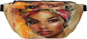 Black Woman With An African Head Wrap Fanny Pack For Women Man,Colorful Oil Paint Splashes Waist Belt Bag Crossbody For Sports Travel Hiking Running Jogging