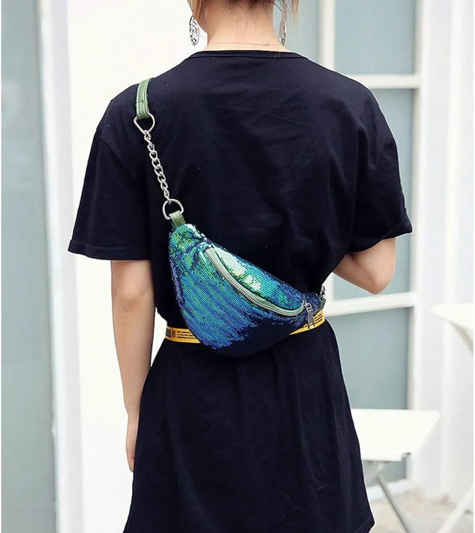 Bling Sequins Fanny Waist Pack Glitter Shoulder Chest Bag with Adjustable Belt for Women Girl