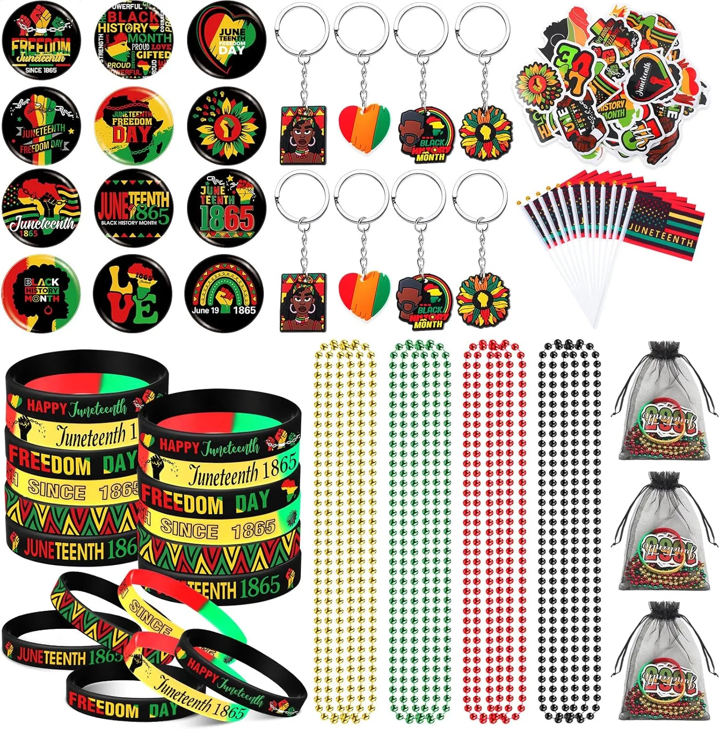 Blosssound 122 Pcs Happy Juneteenth Day Accessories Freedom Day Party Favors with Keychains Badges Bracelets Bead Necklaces Flags Stickers Organza Bags for African American Support Celebration Gifts