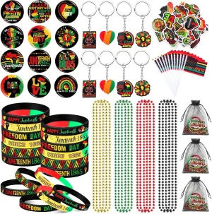 Blosssound 122 Pcs Happy Juneteenth Day Accessories Freedom Day Party Favors with Keychains Badges Bracelets Bead Necklaces Flags Stickers Organza Bags for African American Support Celebration Gifts