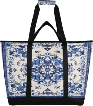 Blue and White Orcelain Floral Reusable Insulated Lunchbox Cooler Bag, Leakproof Kitchen Grocery Bag Collapsible Portable Cooler Tote Bag for Picnic, Camping, Office, Travel