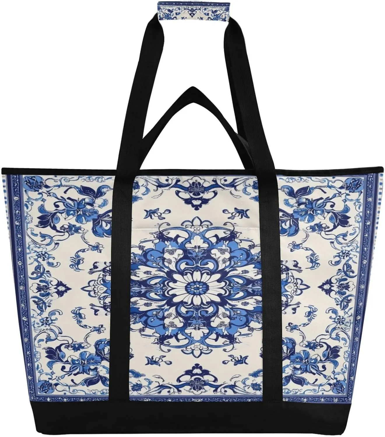 Blue and White Orcelain Floral Reusable Insulated Lunchbox Cooler Bag, Leakproof Kitchen Grocery Bag Collapsible Portable Cooler Tote Bag for Picnic, Camping, Office, Travel