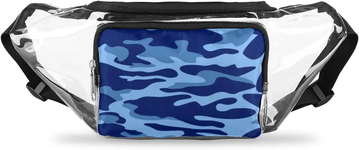 Blue Camouflage Camo Clear Fanny Pack Stadium Approved Clear Crossbody Belt Bag for Women Men Transparent Waist Bag with Adjustable Strap for Concerts Sports Events Travel