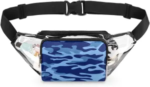 Blue Camouflage Camo Clear Fanny Pack Stadium Approved Clear Crossbody Belt Bag for Women Men Transparent Waist Bag with Adjustable Strap for Concerts Sports Events Travel