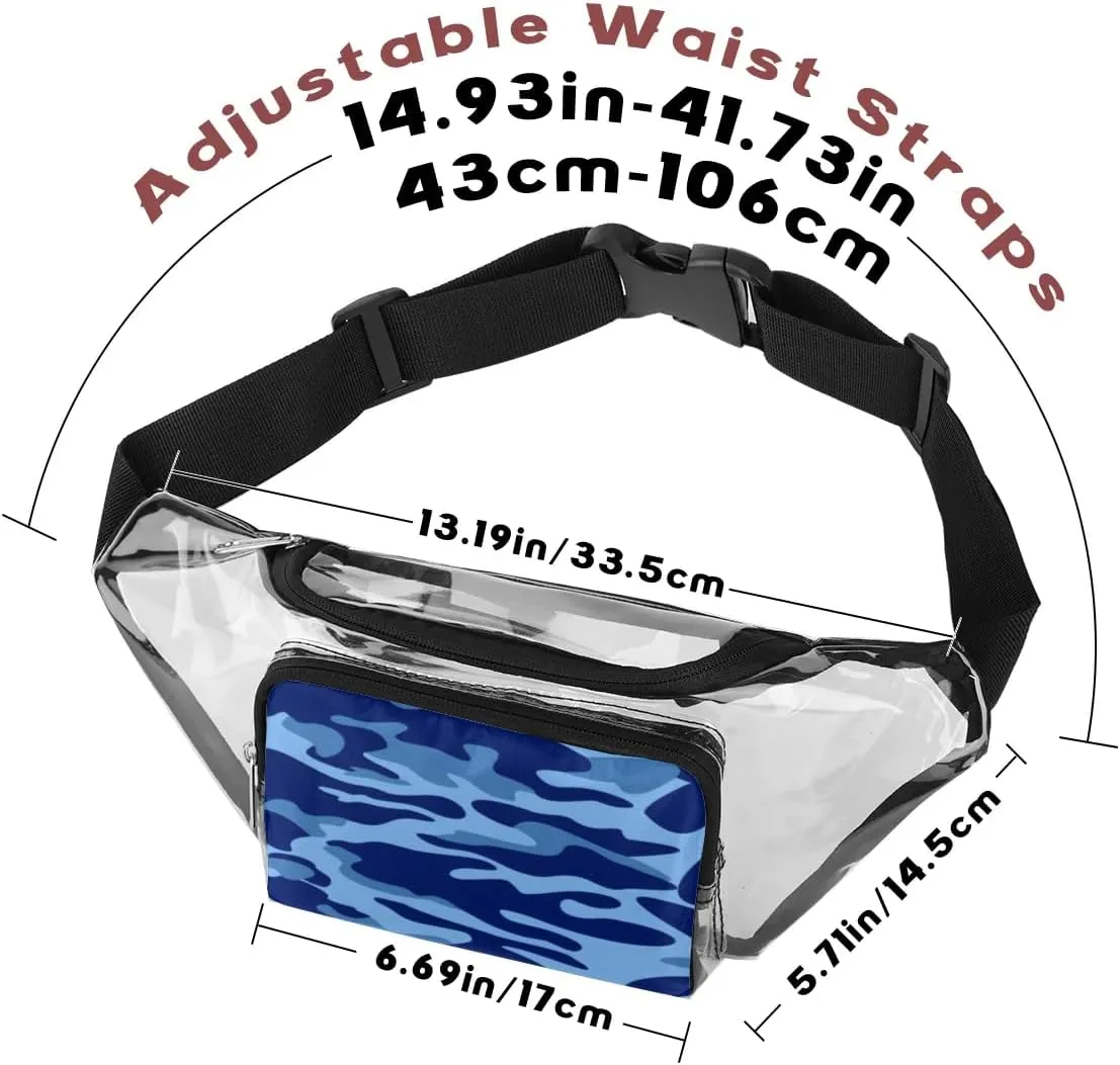 Blue Camouflage Camo Clear Fanny Pack Stadium Approved Clear Crossbody Belt Bag for Women Men Transparent Waist Bag with Adjustable Strap for Concerts Sports Events Travel