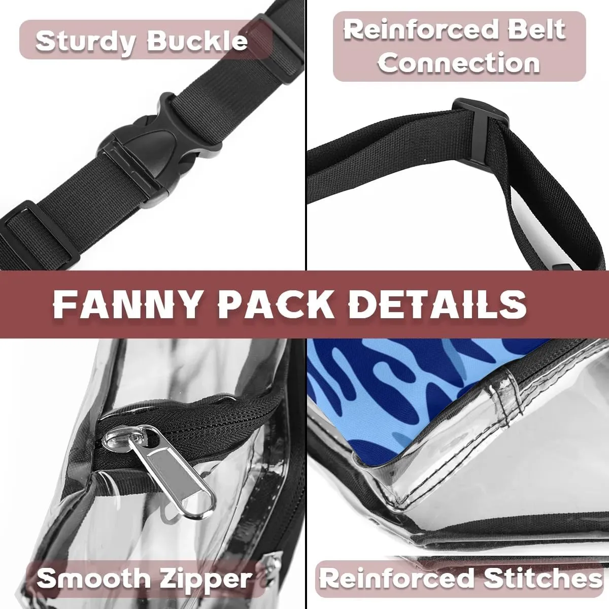 Blue Camouflage Camo Clear Fanny Pack Stadium Approved Clear Crossbody Belt Bag for Women Men Transparent Waist Bag with Adjustable Strap for Concerts Sports Events Travel