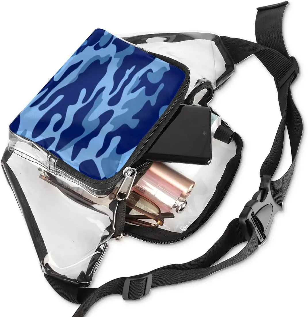 Blue Camouflage Camo Clear Fanny Pack Stadium Approved Clear Crossbody Belt Bag for Women Men Transparent Waist Bag with Adjustable Strap for Concerts Sports Events Travel