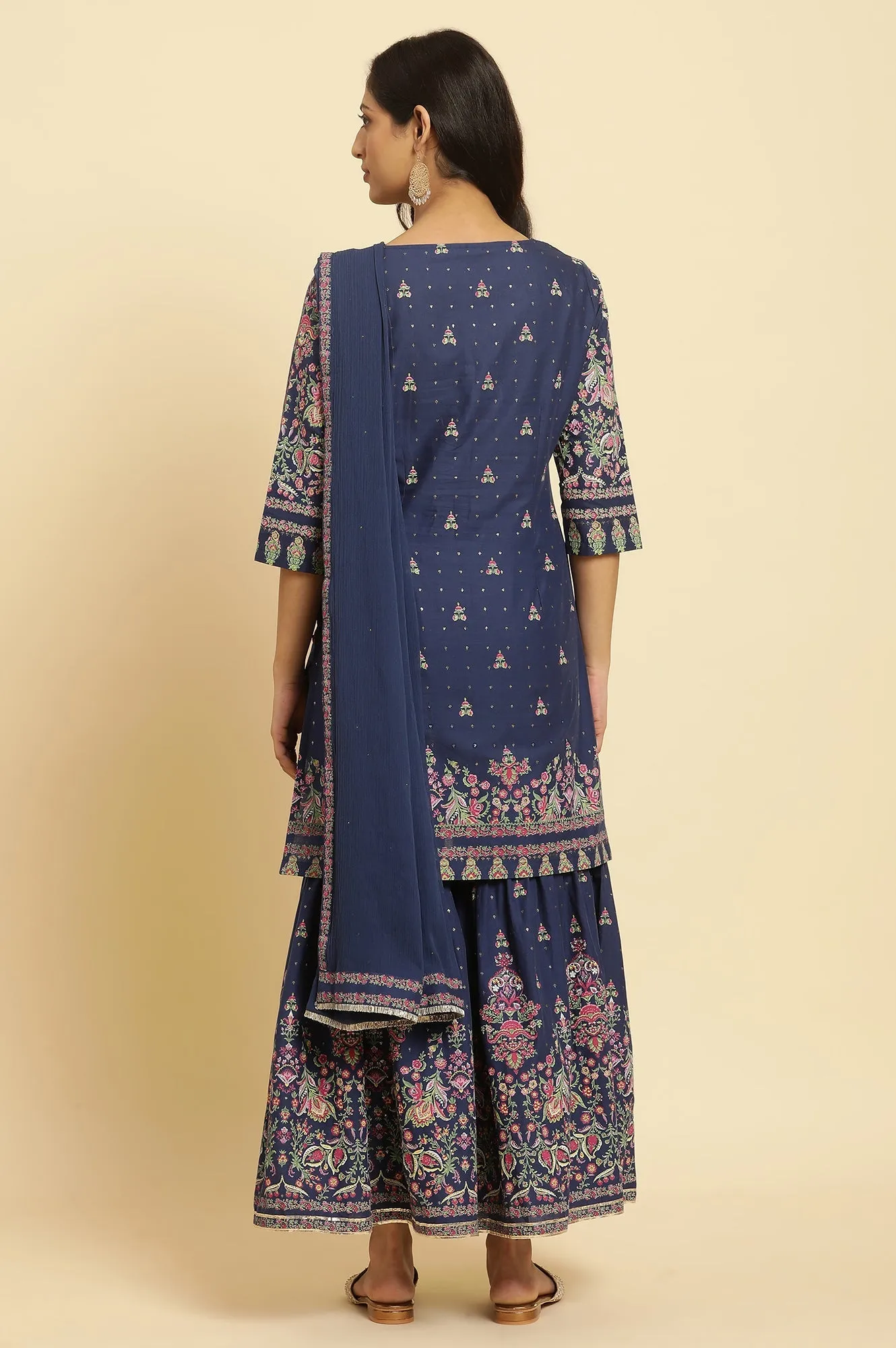 Blue Floral Printed Kurta, Sharara And Dupatta Set