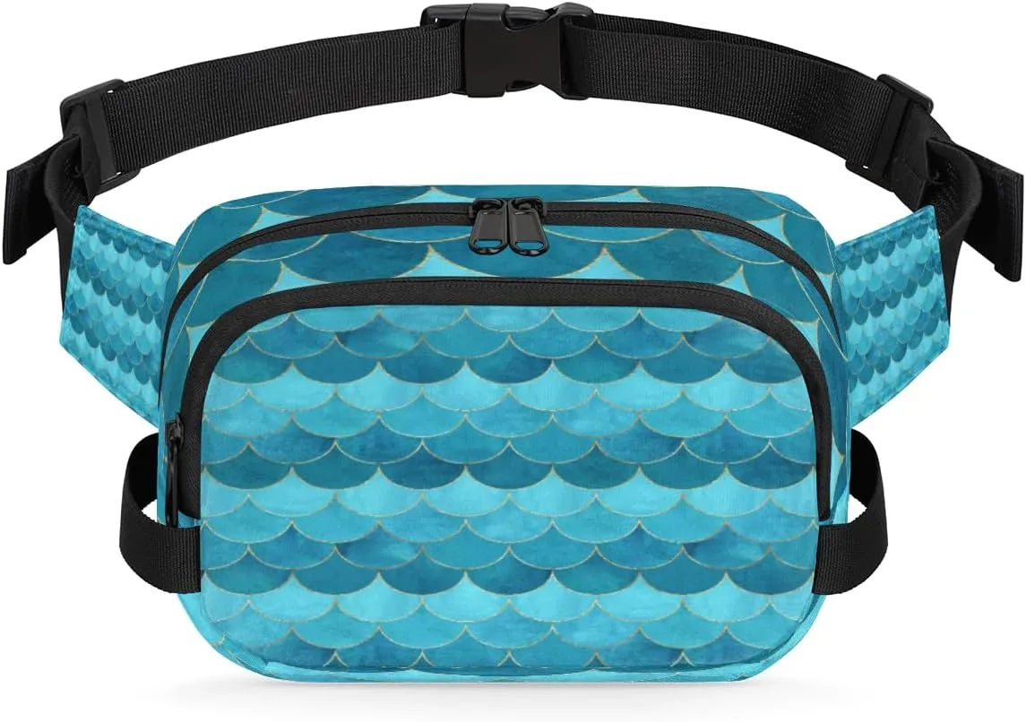 Blue Ocean Mermaid Scale Waist Packs for Women Men, Waterproof Hiking Fanny Packs, Crossbody Waist Bag with Adjustable Strap, Waist Pouch for Travel Running