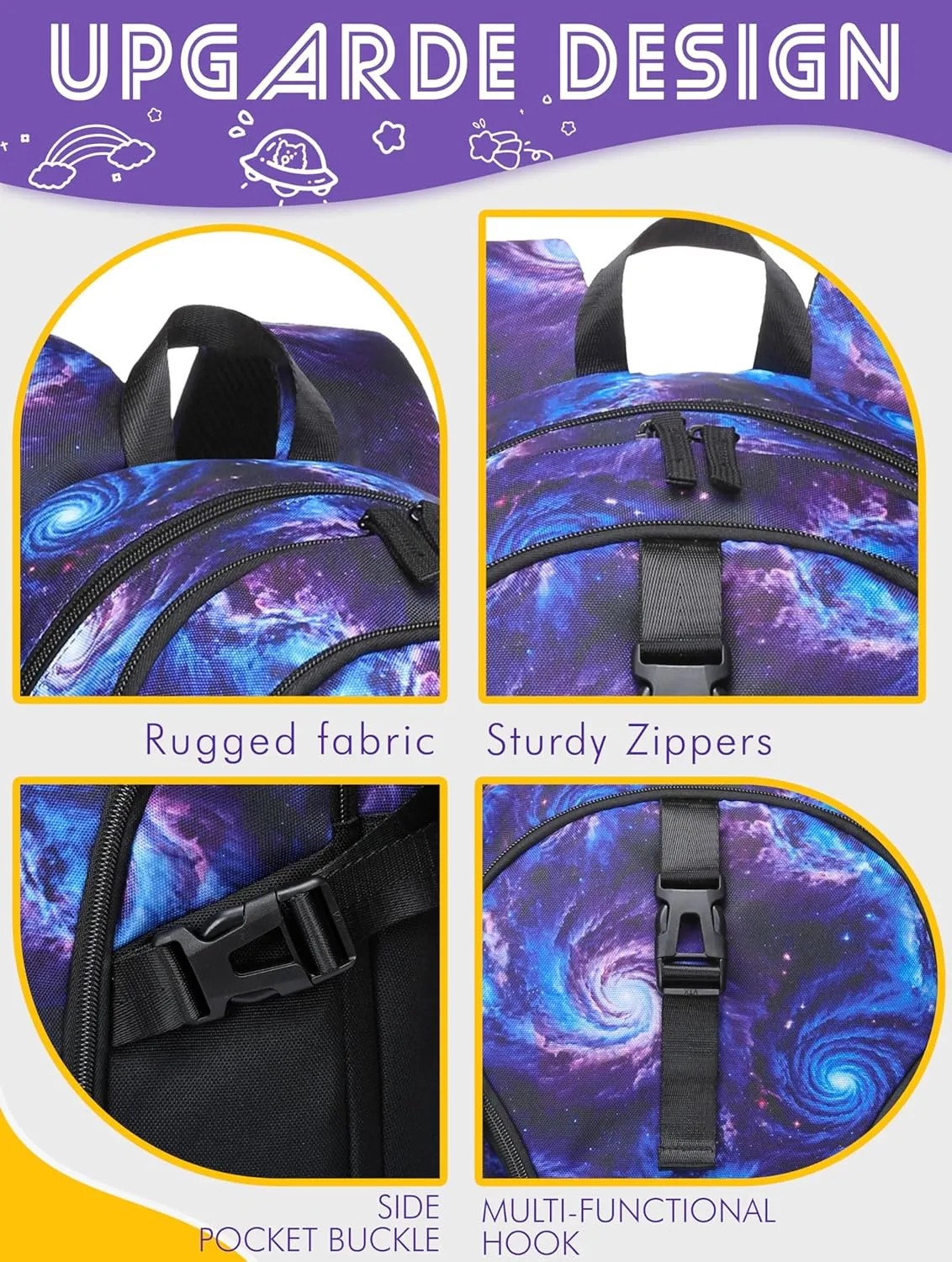 BLUEFAIRY Galaxy Backpack for Middle High School Book Bags for Teens Girls Boys BookBags XL with Large Compartments Lots of Pockets Mochilas para Niñas Niños Adolescentes 18" Purple Black