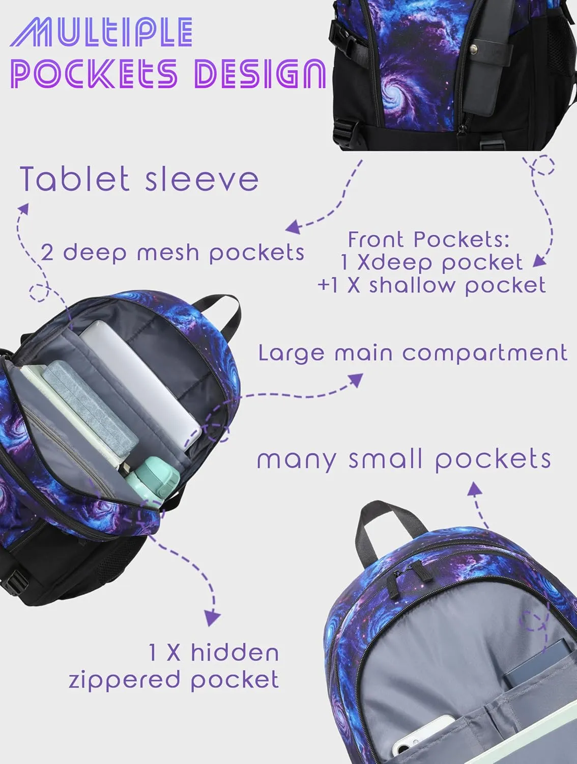 BLUEFAIRY Galaxy Backpack for Middle High School Book Bags for Teens Girls Boys BookBags XL with Large Compartments Lots of Pockets Mochilas para Niñas Niños Adolescentes 18" Purple Black
