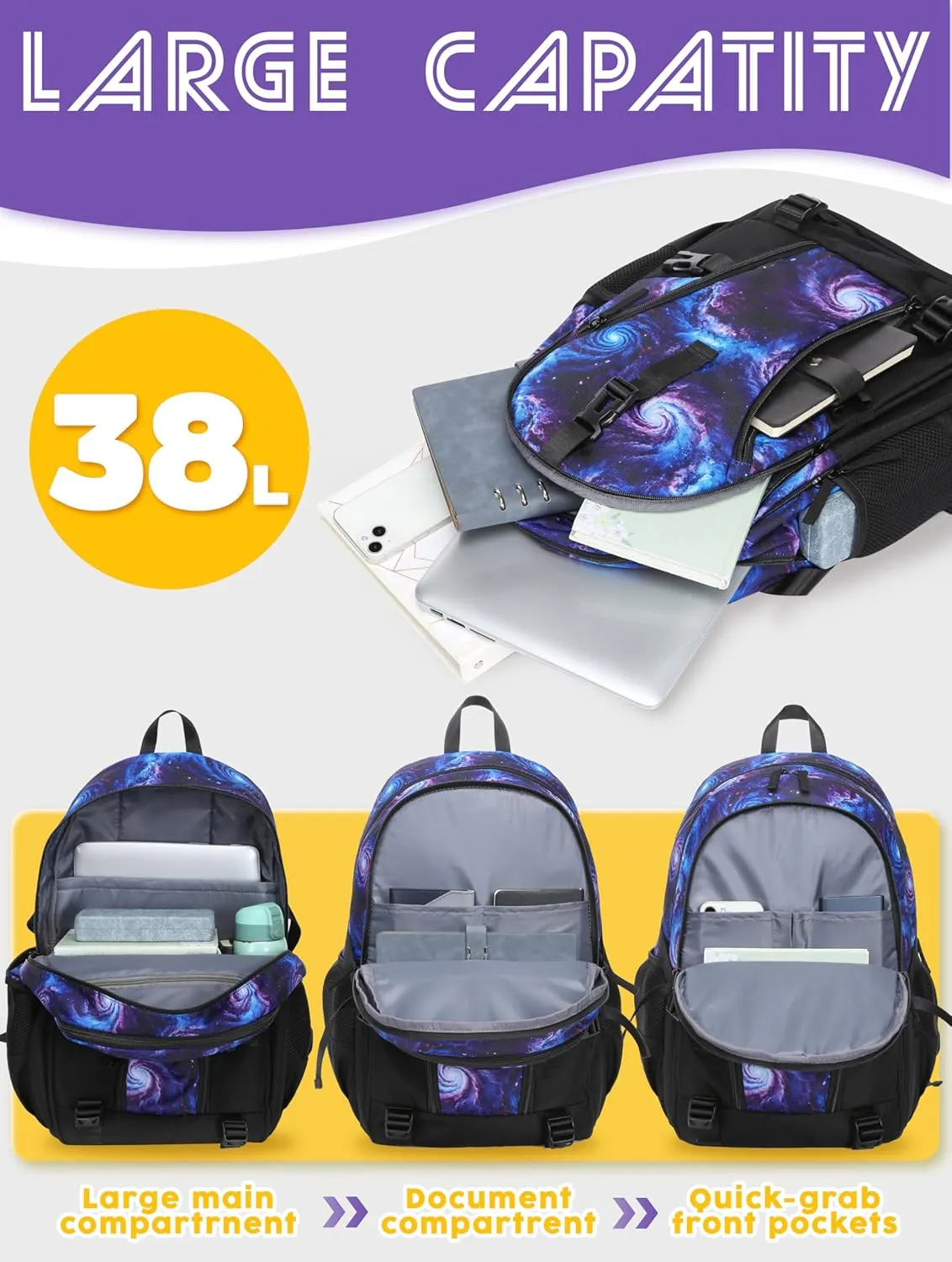 BLUEFAIRY Galaxy Backpack for Middle High School Book Bags for Teens Girls Boys BookBags XL with Large Compartments Lots of Pockets Mochilas para Niñas Niños Adolescentes 18" Purple Black