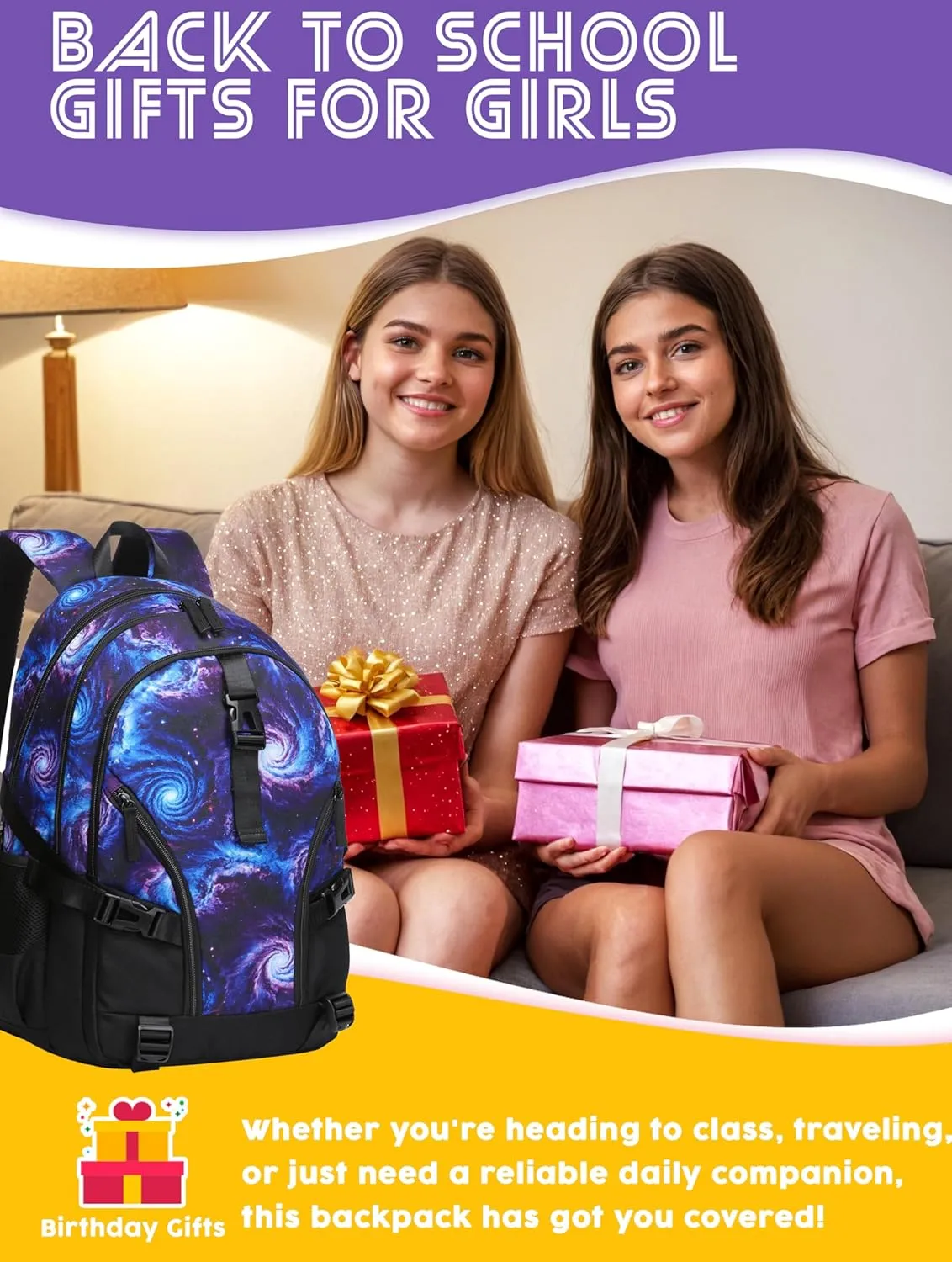 BLUEFAIRY Galaxy Backpack for Middle High School Book Bags for Teens Girls Boys BookBags XL with Large Compartments Lots of Pockets Mochilas para Niñas Niños Adolescentes 18" Purple Black