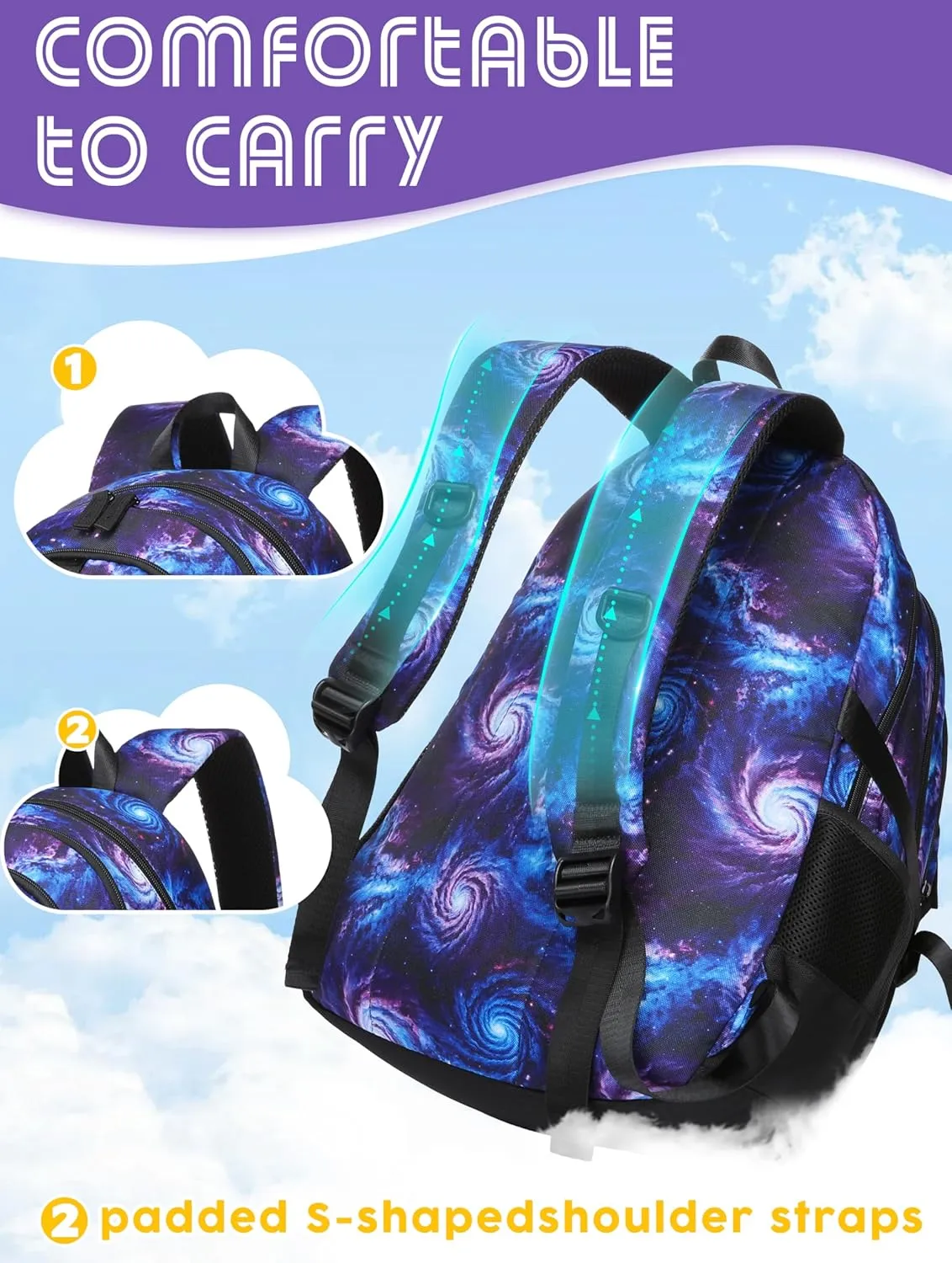 BLUEFAIRY Galaxy Backpack for Middle High School Book Bags for Teens Girls Boys BookBags XL with Large Compartments Lots of Pockets Mochilas para Niñas Niños Adolescentes 18" Purple Black