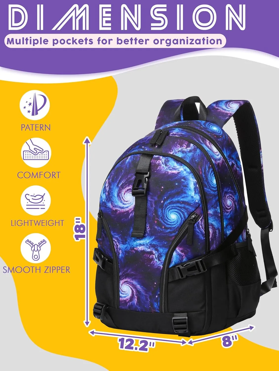 BLUEFAIRY Galaxy Backpack for Middle High School Book Bags for Teens Girls Boys BookBags XL with Large Compartments Lots of Pockets Mochilas para Niñas Niños Adolescentes 18" Purple Black