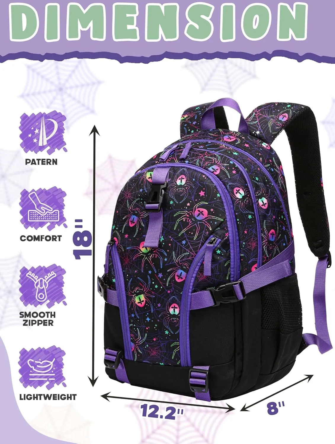 BLUEFAIRY Kids Backpack for Girls Boys Elementary Middle School Bookbag for Teens 18" Large Book Bags Fits 15.6 Inch Laptop with Lots of Pockets Mochilas para Niñas Adolescentes Purple/Black