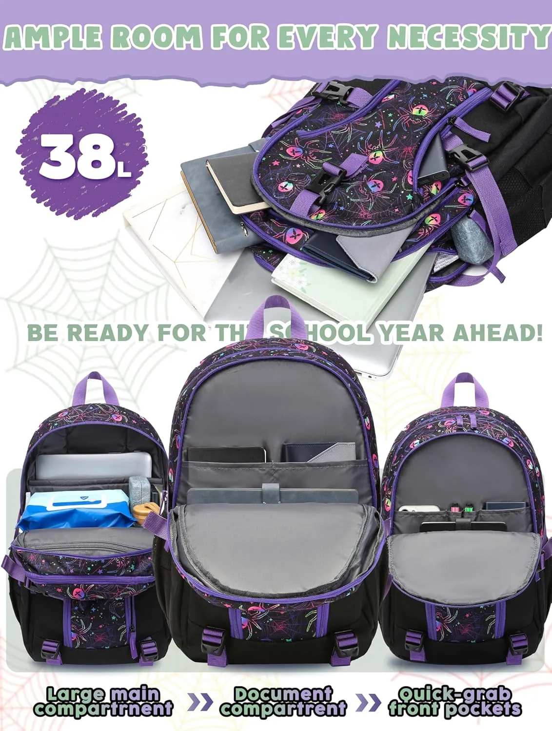 BLUEFAIRY Kids Backpack for Girls Boys Elementary Middle School Bookbag for Teens 18" Large Book Bags Fits 15.6 Inch Laptop with Lots of Pockets Mochilas para Niñas Adolescentes Purple/Black