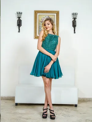 Boat-Neck Fit & Flare Dress – Beaded Bodice & Satin Skirt - prom dress