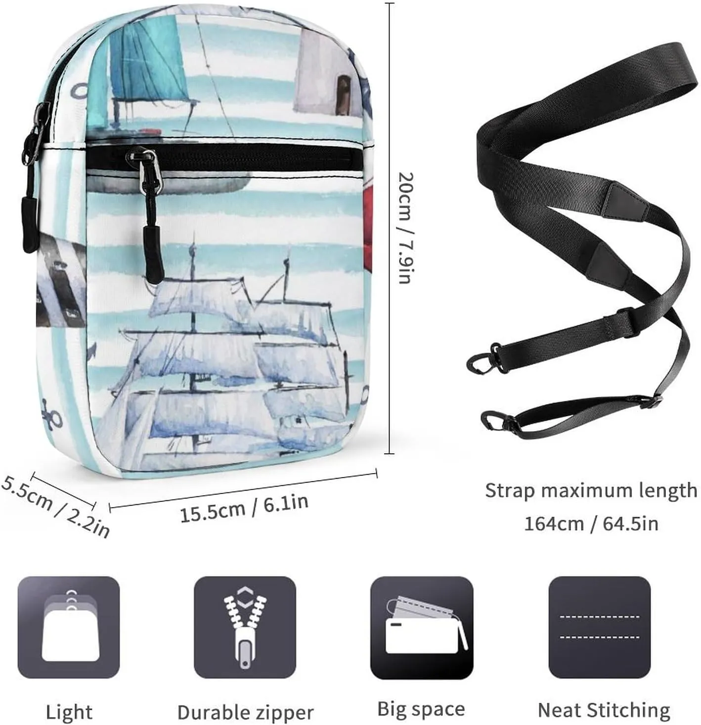 Boats Ships Vessels Nautical Anchors Light House Adjustable Fanny Waist Pack Pouch, Waterproof Crossbody Runners Bag Wallet for Gym Hiking Fitness Women Men 6.1 x 2.2 x 7.9 inch